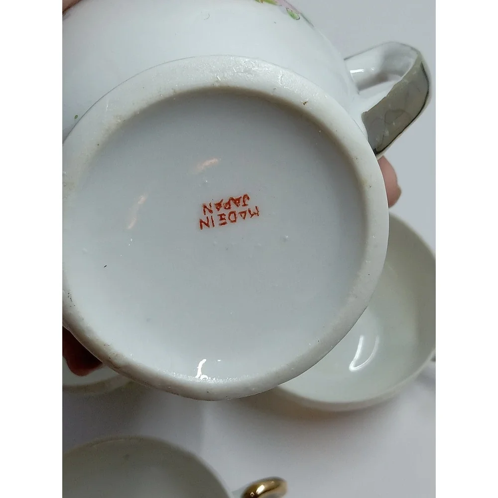 Vintage Japanese Porcelain Floral Tea Set Teapot Creamer 3 Cups Gold Trim White